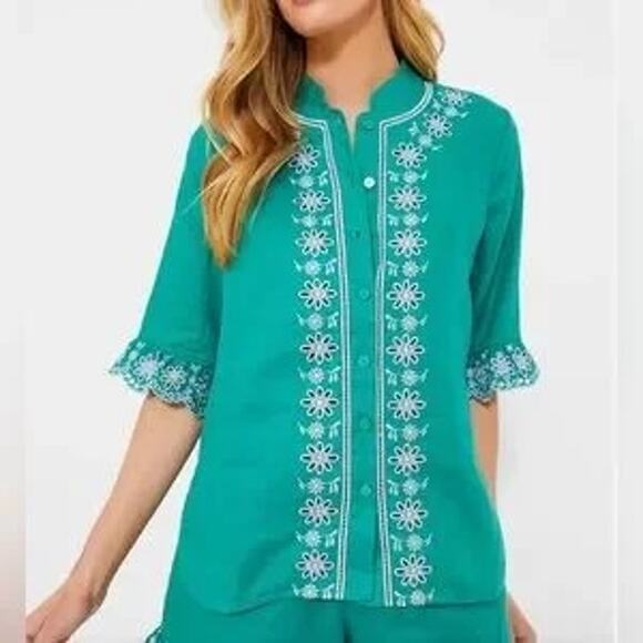 Tuckernuck Hyacinth House Green Embroidered Linen Montauk Lounge Shirt NWT Small - Picture 2 of 4